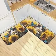 XYMZR Scottish Fold Cat Cute Kitchen Mat for Floor, 2 Piece, Non Slip Washable Kitchen Rugs for Kitchen & Home Decor, Sink, Bathroom 19.7” x 27.6” + 19.7” + 47.2”