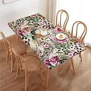 Leopard Print Florals Stripe Rectangular Tablecloth Table Cover for 4 Foot Tables, Waterproof Fitted Elastic Edged Table Cloth for Indoor Outdoor Party Wedding Picnic Patio, 4 Ft/48x30 inch