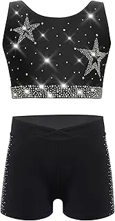 [Hedmy] Kids Girls Sparkly Star Rhinestones Sleeveless Tank Top and Dance Shorts 2-Piece Gymnastics Activewear Set