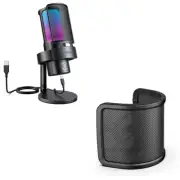 Gaming USB Microphone and Pop Filter, Computer Mic RGB Desktop Microphone with 4