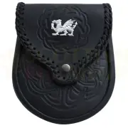 Handmade Celtic Embossed Black Leather Sporran With Silver Chrome Dragon Badge