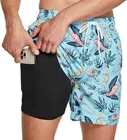 [frueo] Men's Swim Trunks,2 in 1 Quick Dry Beach Short Sun Protection Swim Shorts Swimming Board Shorts Swimwear Bathing Suits with Compression Liner and Zipper Pocket