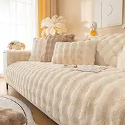 Thick Rabbit Plush Sofa Covers 1 2 3 Seater, Non-Slip Sofa Slipcovers For Corner L Shape, Funny Fuzzy Sofa Cover, Warm Velvet Sofa Cushion Covers, Washable Furniture Protector (Beige,90x90cm)