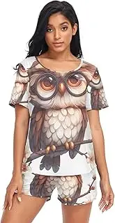 [RPLIFE] Cute Chibi Owl Wearing Glasses Sleepwear Sets for Women, Short Lounge Sets for Women, Cute Chibi Owl Wearing Glasses, X-Large