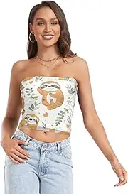 [RPLIFE] Cute Cartoon Sloth Leaves White Crop Tube Top Womens Strapless Top, Mesh Tube Tops, Summer Tube Tops (S)