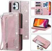 UEEBAI Case for iPhone 11 6.1 Inch, Vintage Zip Mobile Phone Case PU Leather Mobile Phone Case Bumper 9 Card Slots Stand Function Wallet Carrying Strap Protective Flip Wallet Case - Rose Gold