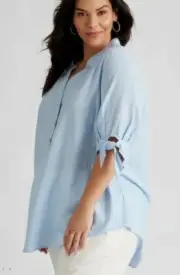 Autograph Top Shirt Blouse Tunic PLUS Size 26 Button Up Blue Linen Elbow Tie Slv