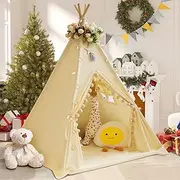Teepee Tent for Kids with Padded Mat Cotton Canvas Kids Tent with Pompom for Toddlers Indoor Kids Play Tent for Girls Boys with Stars Lights, Carry Bag, Banner Flag (Cream)