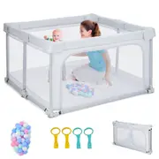 Babyjoy 124 cm Baby Playpen Folding Kids Play Yard w/Ocean Balls Portable Baby Fence Activity Center Grey