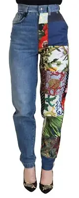 Dolce & Gabbana Patchwork Jacquard Blue Denim Luxury Women's Jeans Authentic