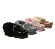 EVERAU® UGG Slippers Sheepskin Wool Ankle Popo Moccasin - Black / AU Ladies 4 / AU Men 2 / EU 35