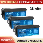 3pc 12V 300Ah Lithium Battery 36 LiFePO4 Rechargeable Deep Cycle BMS RV Boat