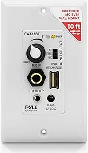 Pyle Bluetooth Receiver Wall Mount | in-Wall Audio Control Receiver with Built-in Amplifier | USB, Microphone, Aux (3.5mm) Input | Speaker Terminal Block | Connect 2 Speakers - 100 Watt (PWA15BT.5)