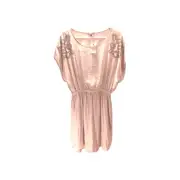 NWT Express Dress Size Medium Tan Shirt Style Beading Cap Sleeves Short