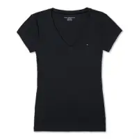 在飛比找Yahoo奇摩購物中心優惠-TOMMY 經典V領刺繡小LOGO素面短袖T恤 (女)-黑色