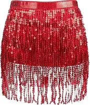 [GORGECRAFT] Women Belly Dance Skirt Silver Sequin Fringe Hip Wrap Skirts Sparkly Tassel Hip Scarf Halloween Party Performance