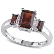 Emerald-Cut Garnet and Natural Diamond Accent Three Stone Ring in Solid 10K White Gold