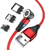 Magnetic USB Cable 3-in-1 3A Fast Charging Cable with 540° Rotating Magnetic Head with All Smartphones, USB Type C and Micro USB 3.28 FT Red 1 Pack