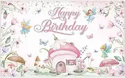 ZTHMOE Fabric 72x43inch Girl Fairy Happy Birthday Photography Backdrop Pink Elf Mushroom House Floral Butterfly Background Princess Party Decoration Kids Photo Banner Booth