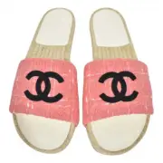 Chanel 20A Pink Tweed Black CC Logo Espadrille Slide Slip On Sandal Mule Flat 40
