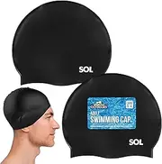 SOL 2pk Adults Swimming Caps, Large to XL Black Silicone Waterproof Swim Hat for Men, Women Ladies, Designed for Long Hair and Larger Heads, Comfortable Fit, Keeps Hair Dry for All Water Activities