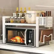 Homgertu 2-Tier Expandable Microwave Stand, Extendable Microwave Oven Rack with Storage Shelf Heavy Duty with 6 Hooks and Chopsticks Cutting Board Tools Holder for Kitchen(15.7~24.8" L)