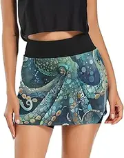 [RPLIFE] Womens Sport Skirt, High Waisted Sports Skort, Summer Work Skirt, Octopus Sea Animal Teal Blue, Large
