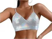 [Generic] Women's PU Crop Tops Shiny V-Neck for Dancing Raves Festivals Costumes