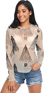 [RPLIFE] Cute Christmas Trees Beige Black Mesh Sleeves, Transparent Tops for Women Sexy S-XXL