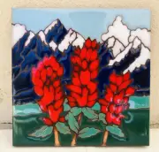 New Masterworks Art Tile Ceramic Trivet Coaster Plaque Mountain Red Flowers