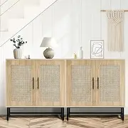 Furb Sideboard Buffet Cabinet Set of 2 Modern Cupboard Storage with Genuine Rattan Door 2-Tier Shelves Pantry Organizer for Dining Room, Entryway or Living Room