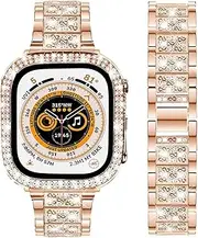 Bands Compatible with iWatch Series 8 Ultra 49mm, Bling Rhinestone Diamond Metal Strap with Protective Case Cover Replacement for Apple Watch Ultra 49mm