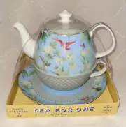 Tea for One-Porcelain Teapot Cup & Saucer Set-Blue W/Flowers-Bird & Butterfly
