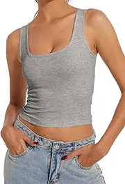[AnotherChill] Women's Ribbed Crop Tank Tops Scoop Neck High Back Basic Sleeveless Rib Shirt Summer Athletic Top