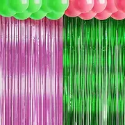 4 Pack Pink and Green Party Decorations,3.3 x 6.6 ft Witch Party Metal Foil Fringe Curtains Photo Booth Prop Backdrop Streamer for Witch Decor Supplies