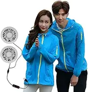[GOODLUKY] Uv Resistant Cooling Jacket for Adult, 5V USB Powered Fan Equipped Clothing for Summer High Temp Outdoor Work Air Conditioned Coat,Blue,XXL