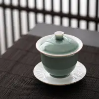 在飛比找樂天市場購物網優惠-景德鎮天青釉三才蓋碗手工茶碗防燙陶瓷功夫茶具簡約天地碗泡茶碗