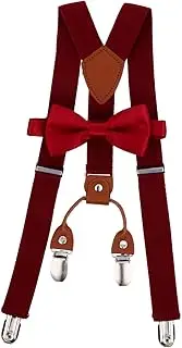 [SHERCHPRY] 1 Set 4 Children's Overalls Clip Back Carrier Suits for Boys Leather Suspenders Pants Suspenders Sling Suit Knitted Suspenders Bow Tie Decorate, Claret, 9.5x5.5cm