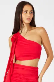 Red Crop Top One Shoulder Rose Ruffle Flower - Size 12, Women's Top