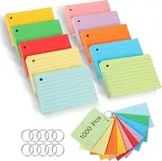 1000 Sheets Index Cards A7, Vocabulary Cards, Colourful 150 g/m² Index Cards, Lined Blank Paper Cards with 10 Binder Rings for School, Office, Remembrance, Presentation (10 Colours)
