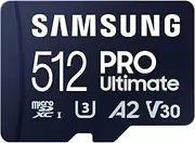 Samsung PRO Ultimate microSD Card + SD Adapter, 512 GB, for Smartphones, Drone and Action Cam, UHS-I U3, 200 MB/s Read, 130 MB/s Write, ‎ MB-MY512SA/WW