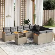 Patio Sets 10 Piece Garden Sofa Set with Cushions Beige Poly Rattan