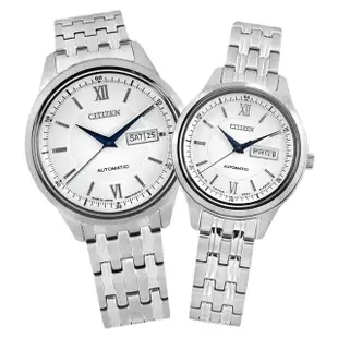 【CITIZEN 星辰】機械錶 自動上鍊 日期星期 不鏽鋼手錶 情人對錶 白色 40mm+29mm(NY4050-54A.PD7150-54A)