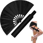 Large Rave Fan Set, Folding Hand Fan Dancing Fan with Leg Strap and Fabric Case Bag, Folding Fan Kung Fu Fan for Women Music Festival Party (Black)