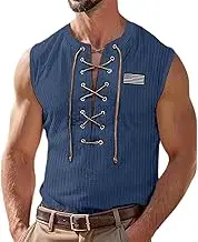 Mens Striped Tee And Summer Casual Sleeveless Pullover Bottoming Shirt Men'S Retro V Neck Casual Embroidered Vests Long Workout Tops for Men