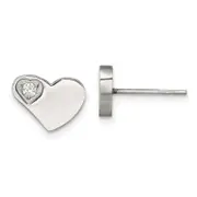 Stainless Steel Chisel Polished With Cz Heart Post Earrings