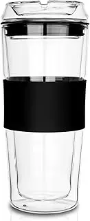 Glass Travel Mug with Silicone Sleeve, Iced Coffee Cup, Double Walled, Reusable Cup for Hot & Cold Beverages, 14 Ounces Capacity, All Made of Glass Including the Lid
