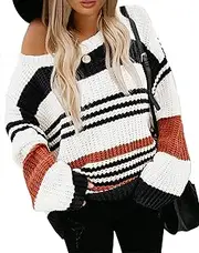 [KIRUNDO] 2023 Fall Winter Women's Striped Color Block Short Sweater Long Sleeve Crew Neck Casual Loose Knit Pullover Tops(Small, 1977-Orange)