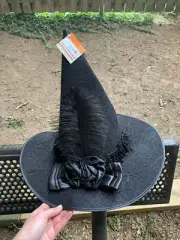 Celebrate It Halloween Witch Hat Black Shimmer W/ Feather & Sequin Roses In Bow
