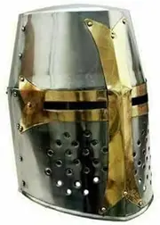 Knight Crusader Templar Armor Helmet Medieval Decorative Bucket Helmet Brass Cross Templar Helmet, Silver